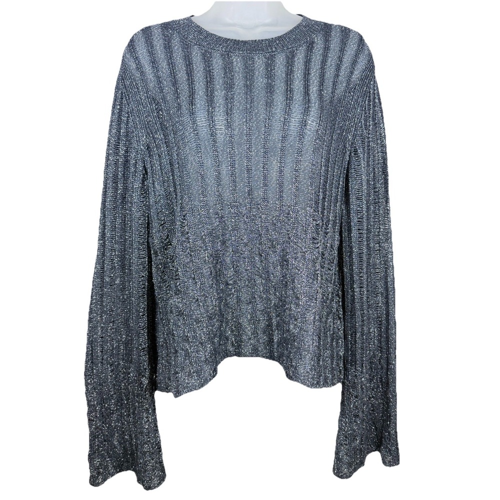 Pilcro Anthropologie Metallic‎ Sweater XL Silver Shimmer Bell Sleeve Knit Y2K